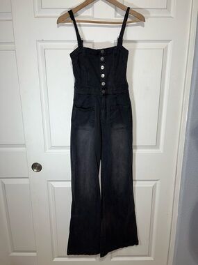 Chaser Black Denim Button-Front Wide-Leg Jumpsuit